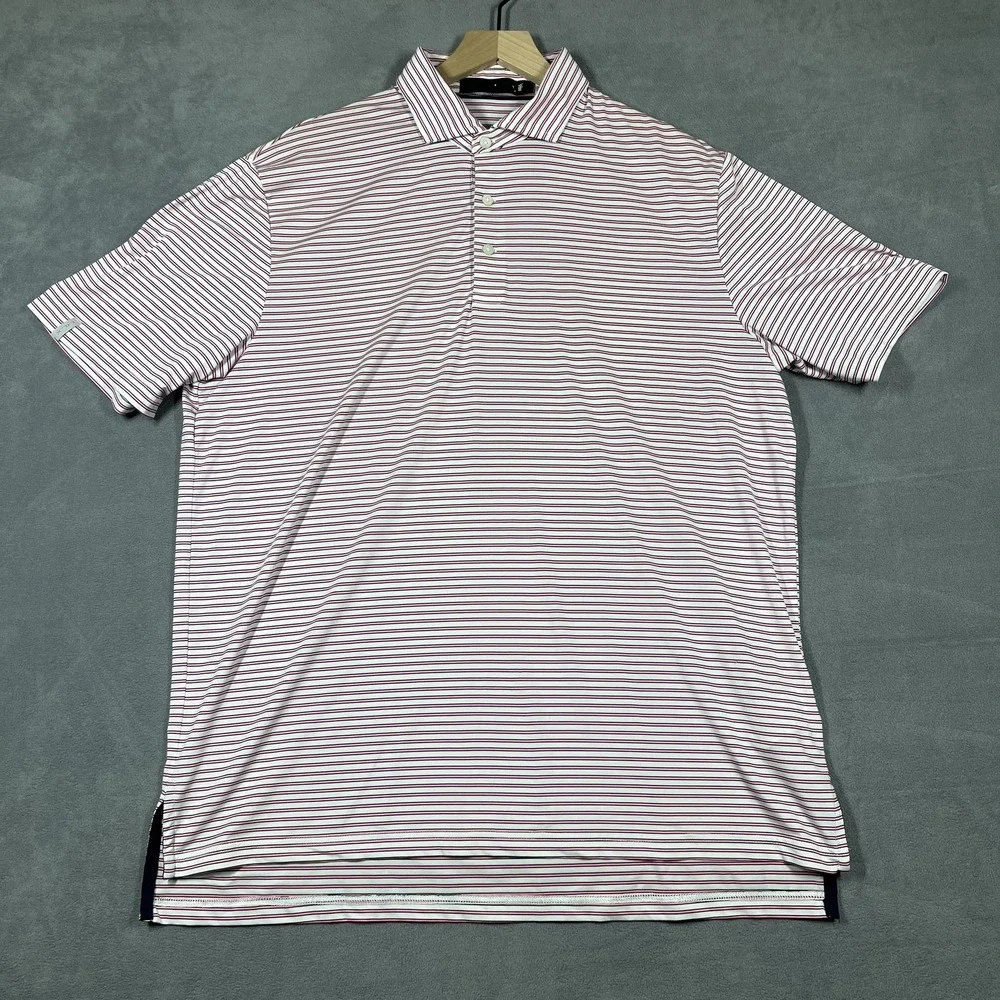 RLX Ralph Lauren Polo Shirt Mens L Pink White Striped Golf‎ Performance Stretch
